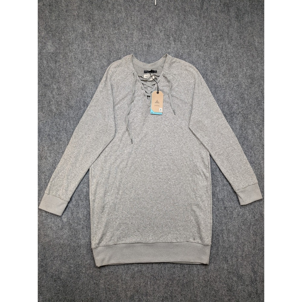 Prana Cozy Up‎ Terry Dress Womens XL Heather Gray Long Sleeve Lace Up Casual